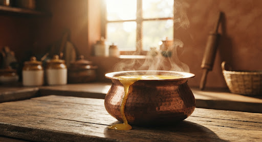 A traditional copper pot in a heritage Indian kitchen
